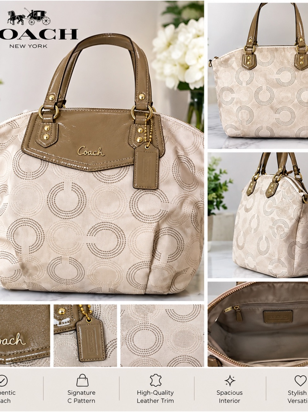 Authentic Coach Women's Beige Signature Circle Tote with Taupe Leather Trim